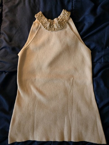 TRACY M TAN STRETCHY RIBBED COTTON KNIT BEADED HALTER TOP LARGE