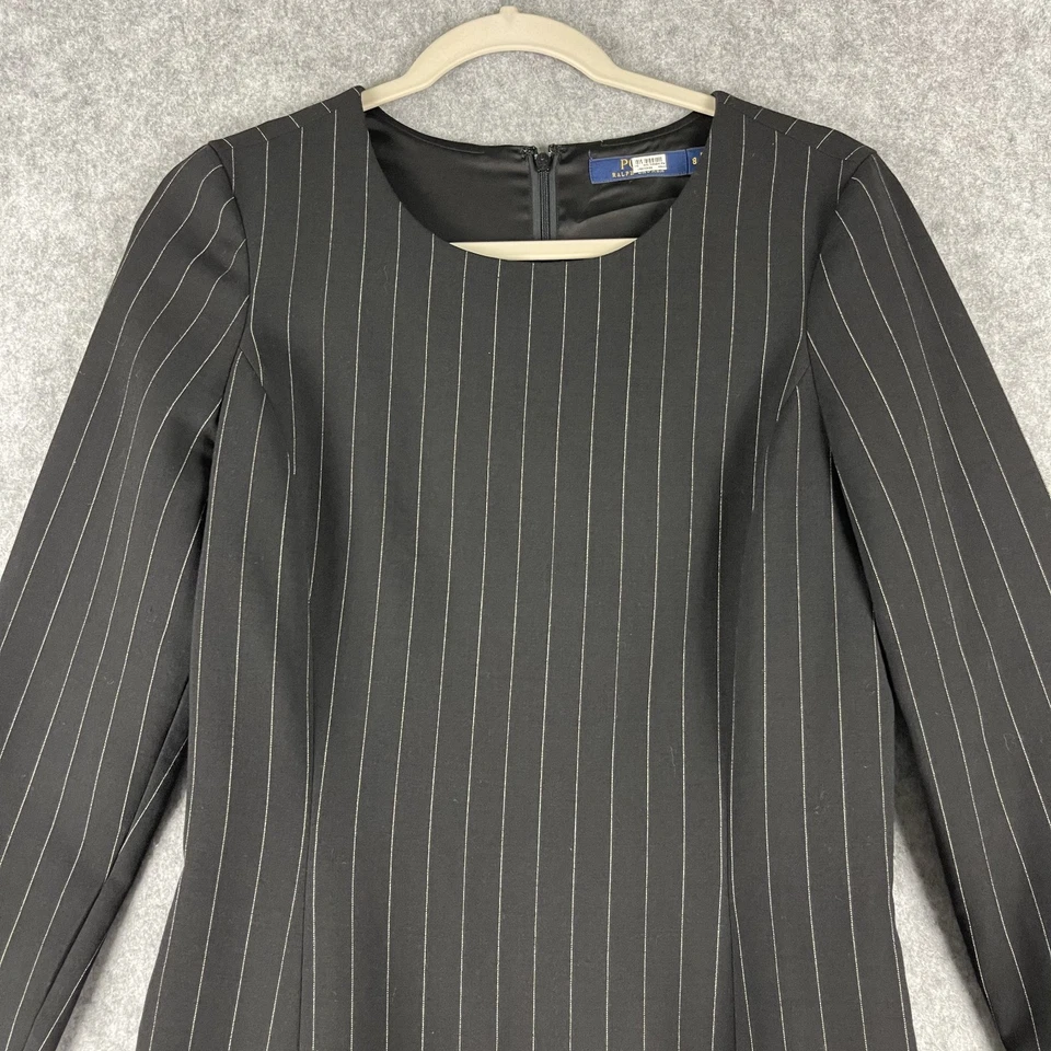 Polo Ralph Lauren Wool Blend Dress Women 8 Black Pinstripe Flounce Ruffle Preppy - Image 2 of 4