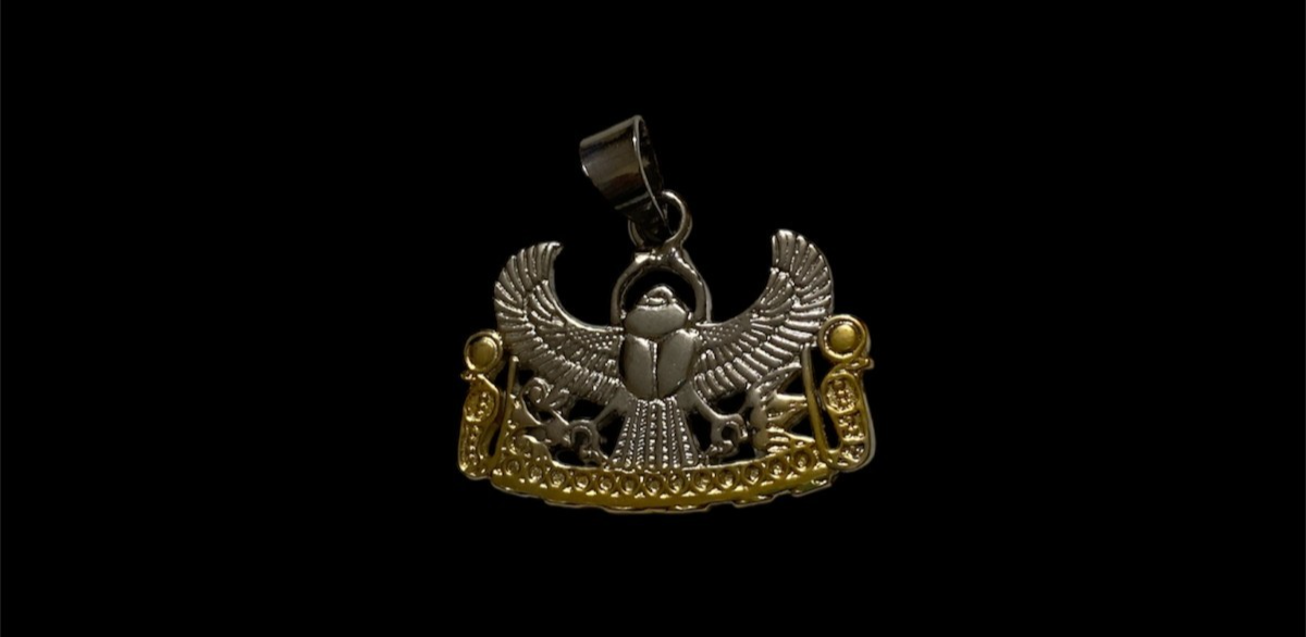Ancient Egyptian Winged Scarab Beetle Pendant with Cobra Goddess from 925 Silver