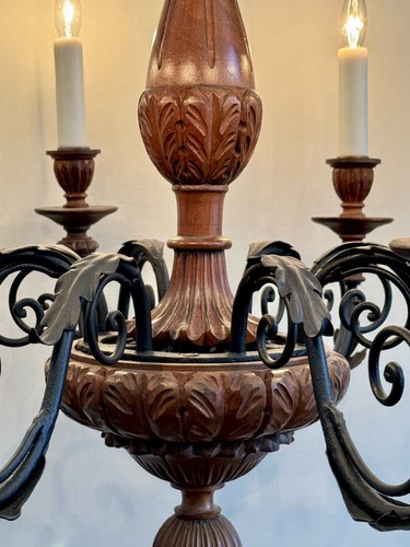 Antique Italian Carved Wood Wrought Iron Chateau Pineapple Chandelier 30” Wide - Picture 14 of 20