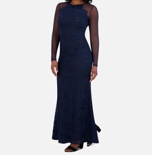 Eliza J Women's Blue Floral Embroidered Illusion-Sleeve Gown Dress SIZE 6 MSRP