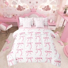 Boys Girls Bowknot Comforter Set with Sheets Full Size, Pink Ribbon Bow 7 Pie...