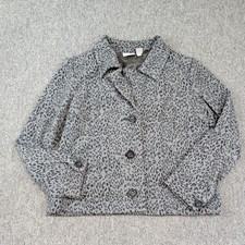 Chicos Modern Leopard Print Button Front Jacket Size 2 Large Grey Cotton Blend