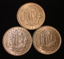 UK Half Penny 1965 , 1966 , 1967 Elizabeth II Lot of 3 Bronze Coins WCA 301