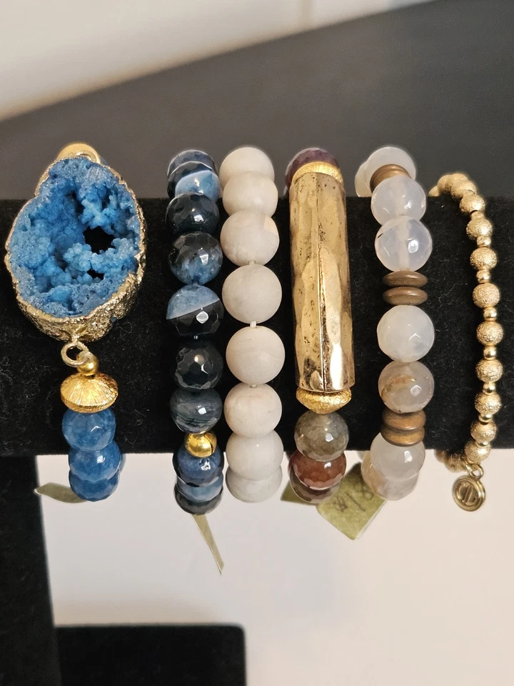 Lote de 15 PULSERAS elásticas con piedras preciosas estrás jaspe ágata metal vidrio borla Foto 3 de 4