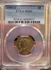 1909 D $5 Indian Head Half Eagle Gold Coin, PCGS MS 61