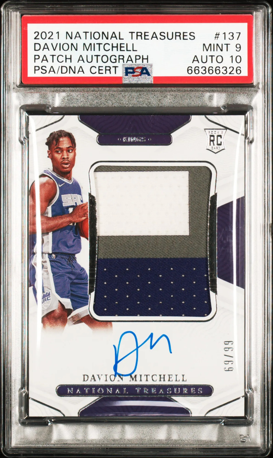 2021 National Treasures Davion Mitchell #137 Patch Autograph /99 PSA 9 Auto 10