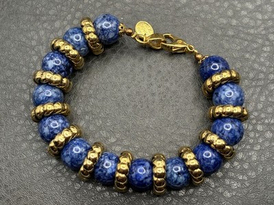 DM DANAE PARIS Faux Lapis Lazuli Glass Gold Tone Chunky Beaded Bracelet 8.25 