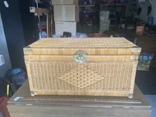 Vintage Asian Style Wicker Trunk Chest Brass Hardware 32"W 17"H 16"D