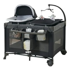 Pamobaba Baby Play Yard with Bassinet, Changing Table, Portable Carry Bag, Gray