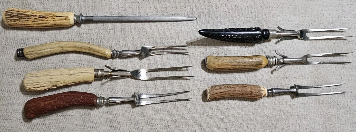 Vintage Lot Of 6 Stag Handle Meat Carving Forks And 1 Knife Sharpener Honing Rod