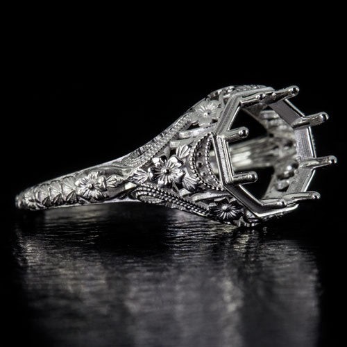 VINTAGE STYLE ENGAGEMENT RING 8mm 2ct ROUND SETTING 14K WHITE GOLD FLORAL MOUNT - Picture 1 of 6