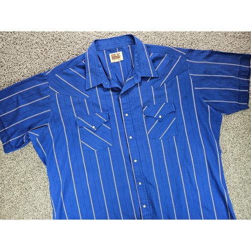 ELY CATTLEMAN Mens 18 Blue White Pinstripe Short Sleeve Western Pearl Snap Shirt