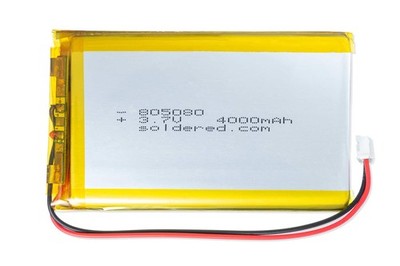 Soldered Li-Ion Akku, Lithium-Polymer, 805080, 3,7V, 4000mAh mit 2 Pin JST