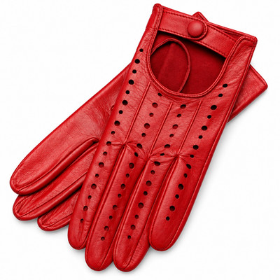 Men's Red Leather Driving Gloves Perforated Snap Button Classic Luxury Gloves