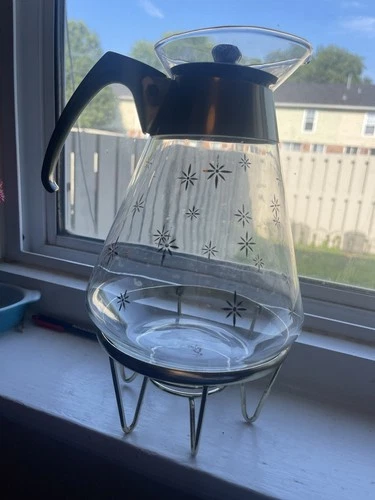 Corning Pyrex Vintage Atomic Gold Starburst Glass Coffee Pot  10/12 Cup W/stand