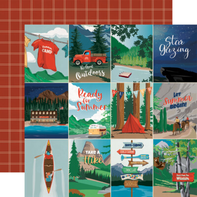 2 Sheets of Carta Bella Paper SUMMER CAMP 12x12 Cardstock - 3x4 Journaling Cards