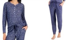 NWT Alfani Women's Long-Sleeve Hacci Henley Pajama Jogger Lounge Set Blue Stars