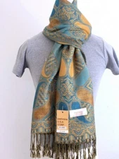 Women's Pashmina Scarf Wrap Shawl Paisley Turquoise Blue Gold Silk Cashmere