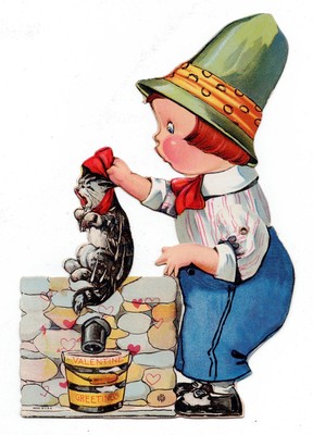 BOY DUNKING SCREAMING CAT IN WATER / VTG EDWIN BOESE UNUSED 1919 VALENTINE CARD