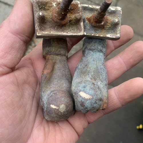 2 Antique Solid Brass Door Knocker Ladies Hand Holding Ball Patina Salvage - Picture 3 of 12