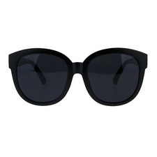 Womens Horn Rim All Black Plastic Round Boyfriend Sunglasses