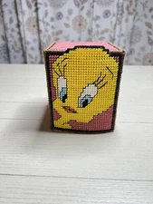 Vintage Hand stitched On Canvas Tissue Holder Tweety Bird 
