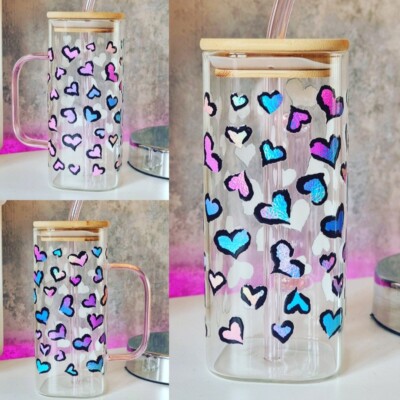 Regenbogen Herz Eiskaffee rosa Bambusdeckel Libbey Glas, Geburtstag/Weihnachtsmann