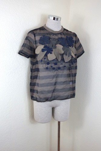 Brunello Cucinelli FLoral Mesh Short SLeeve Silk Blue Top Blouse Shirt S M 6 7 8 - Picture 22 of 23