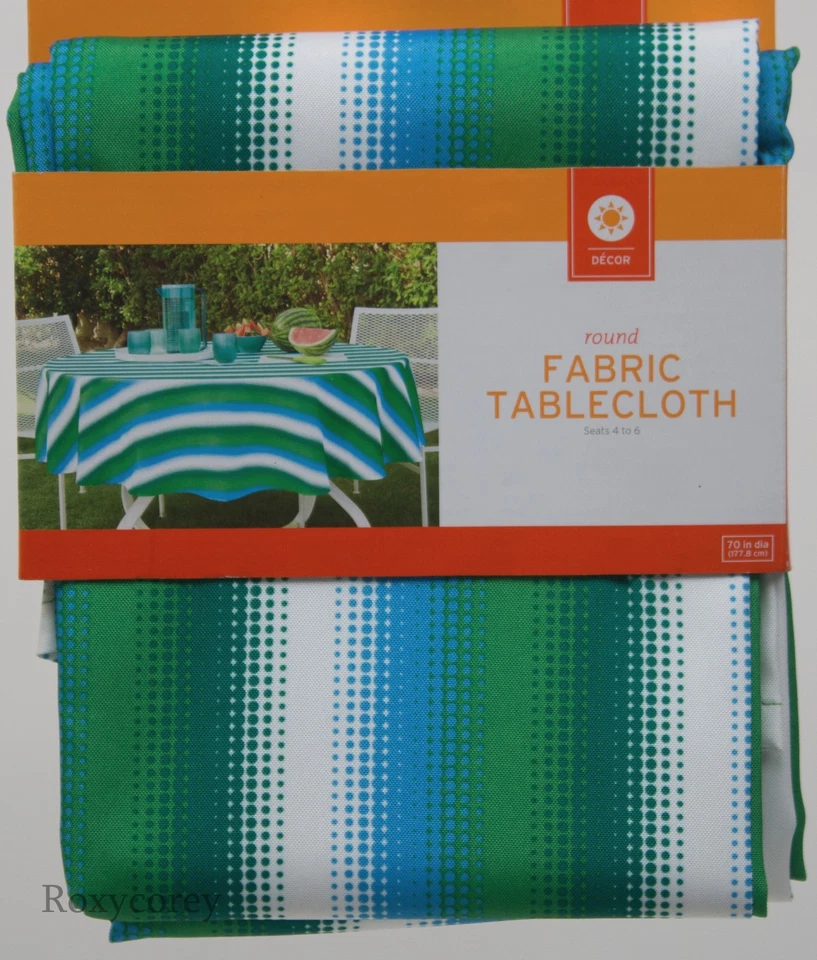 Green Blue White Striped Fabric 70 in Round Tablecloth NWT - Image 2 of 2