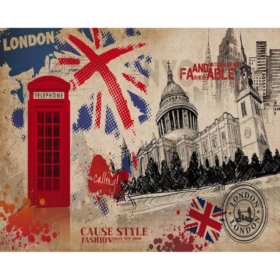 London Landscape, English Flag and Phone Booth Wallpaper Red H106" x W