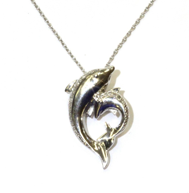 New 925 Sterling Silver .10ct diamond Twin Dolphins pendant necklace 4.6g  18"