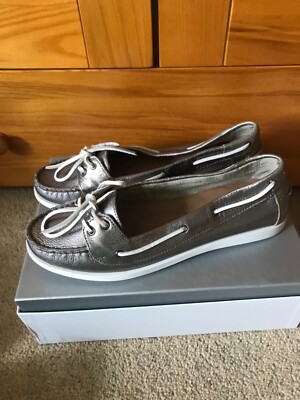 White Stuff Betty Leather Metallic Boat Shoes, Pewter, Size UK 8, EU