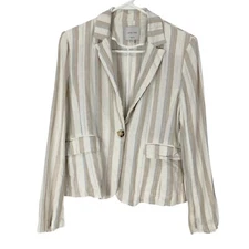 Love Tree Cream/Brown Striped Long Sleeve Collared 1-Button Linen Blazer Sz M