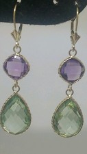 14k Yellow Gold Earrings With Green Amethyst And Amethyst Stones