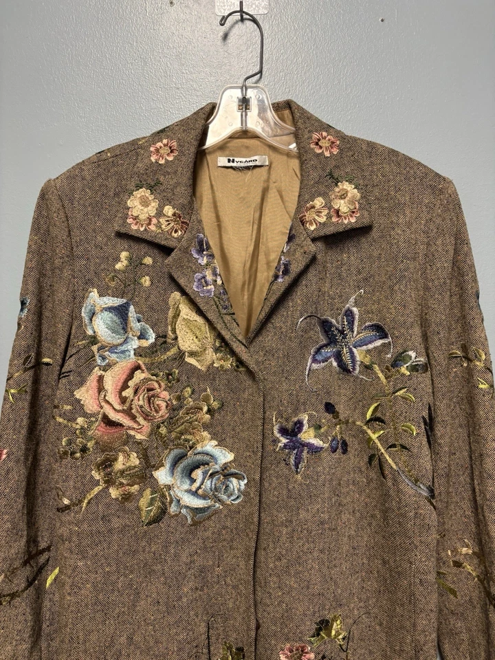 Abrigo Largo De Colección Peter Nygard Marrón Tweed Floral Bordado Talla 10/12 Foto 2 de 4