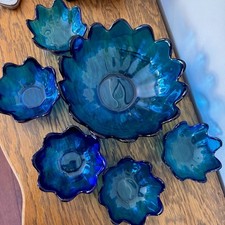 Blenko Vintage Petals Salad Bowl With 5 Serving Bowls, 1960s Blue