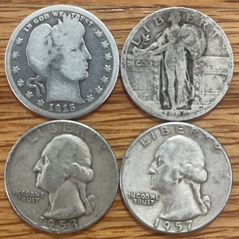 LOT OF 4 SILVER QUARTERS - LIBERTY, BARBER, WASHINGTON