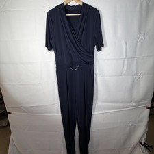 Metaphor Womens Jumpsuit Faux Wrap Lace Short Sleeve V Neck Pockets Navy Large