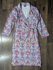 Talbots Womens Faux Wrap Dress w/ Tie Bright Colorful Hippie Boho Paisley Size L