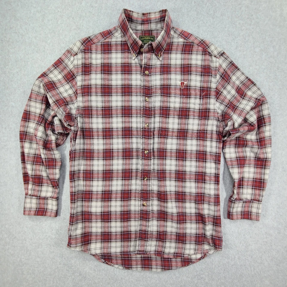 CC Filson Button Flannel Shirt Mens Small Red Plaid LS Bull Embroidery Outdoor - Image 2 of 4