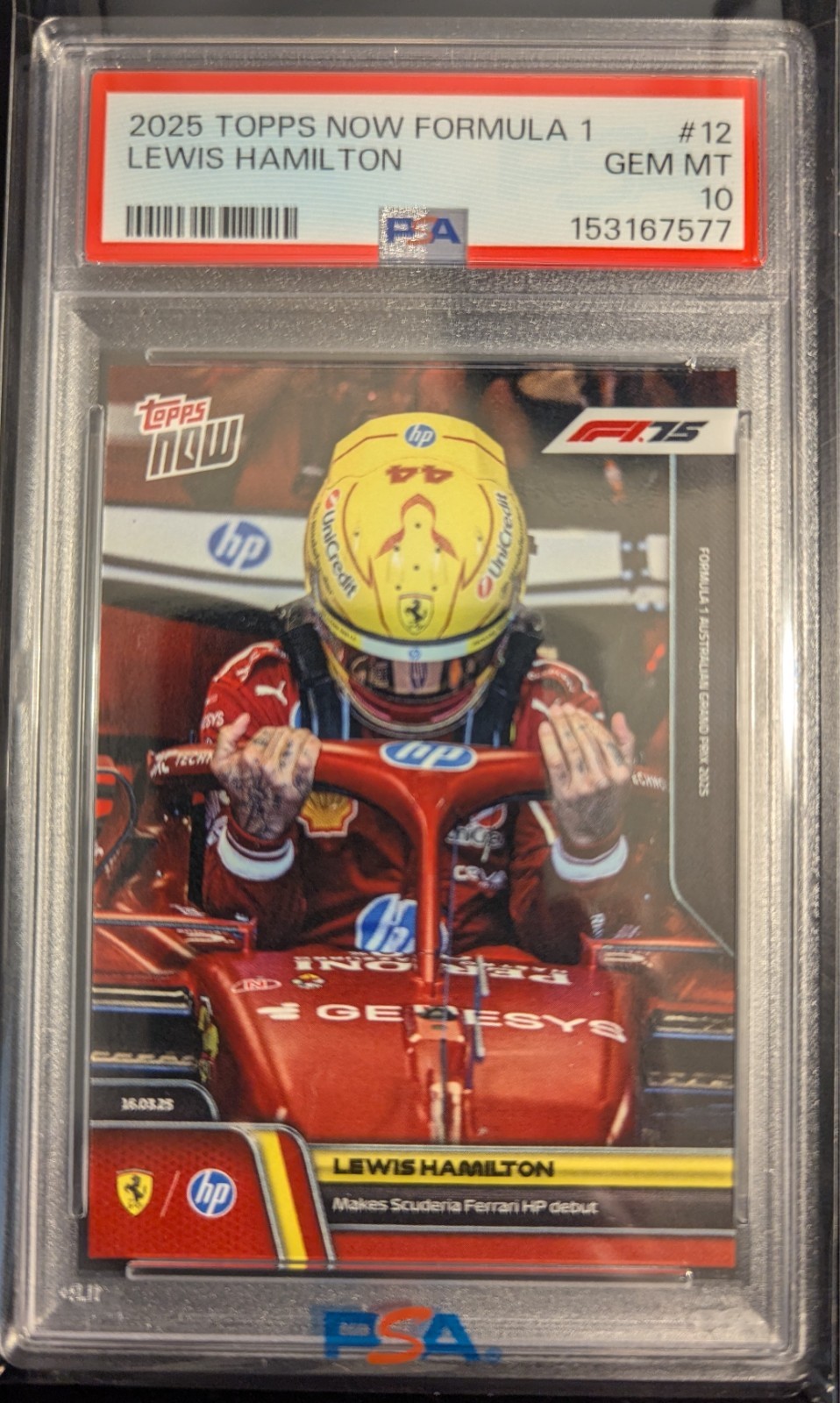 2025 Topps Now Formula 1 #12 – Lewis Hamilton Ferrari debut PSA 10 MINT. view 1