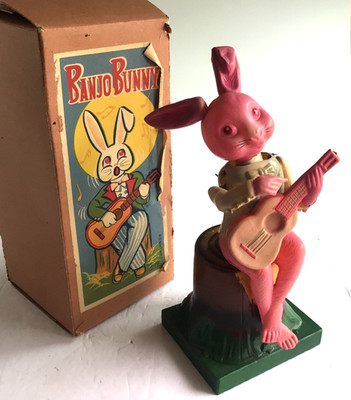 Alps Banjo Bunny Celluloid Occupied Wind Up Japan w/ Orig Box 1940s Vtg Working