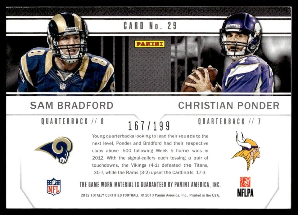 2012 PANINI TOTALLY CERTIFIED STITCHES IN TIME SAM BRADFORD/CHRISTIAN PONDER - Image 2 of 2