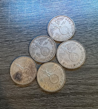 GERMAN Lot 5x 2 REICHSMARK 1937 - 1939 SWASTIKA Silver Coins 3rd Reich WW2 Mark