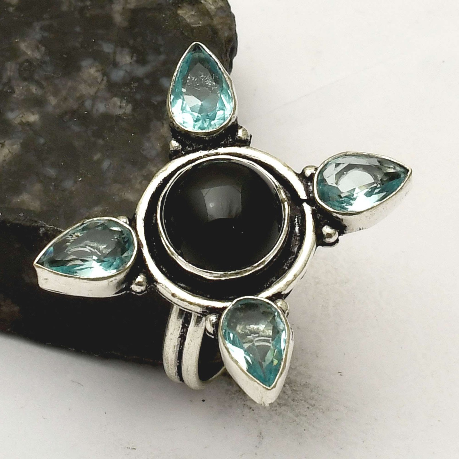 Black Onyx Blue Topaz Handmade Gemstone Ring Size 8.75 Gift Jewelry AR 69428