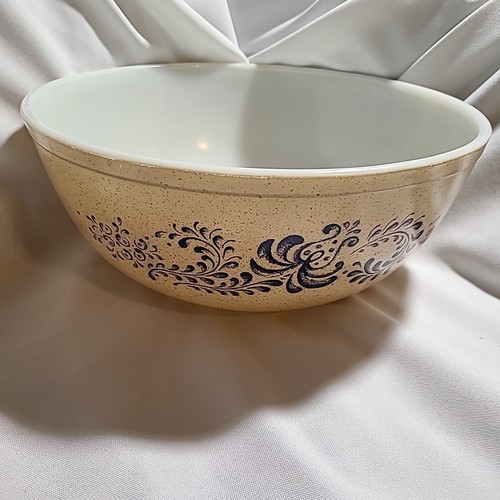 Pyrex Gehöft blau & hellbraun gesprenkelt Fluss 4 Quart Rührschüssel 404 USA Vintage
