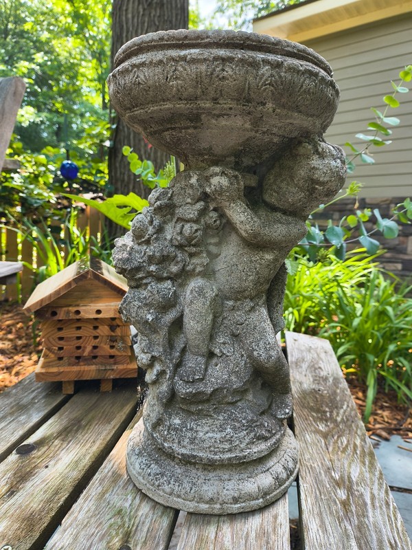 Vintage Cement Small Cherub Birdbath -  Fab Patina!