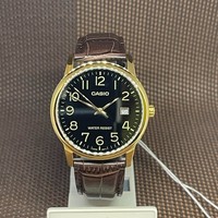 Casio MTP-V002GL-1B Analog Herren Schwarzes Zifferblatt Braun Leder Datum Qua...