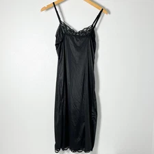 Vintage Wonder Maid Slip Women 34 Black Satin Lace Midi Chemise Non Cling
